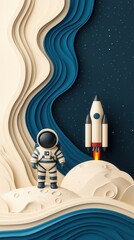 Wall Mural - Astronaut and Rocket Launch on Moon Surface with Abstract Paper Cut Background.