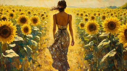 Wall Mural - A woman in a flowing dress walks through a field of sunflowers on a sunny day.