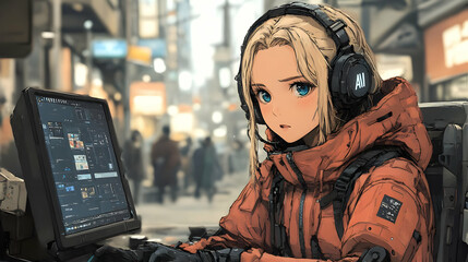 Sticker - Cyberpunk Cityscape: Woman in Headphones Uses Computer with Futuristic Interface