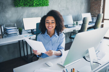 Wall Mural - Photo of sweet charming lady assistant wear shirt reading documents modern gadget indoors workplace workstation