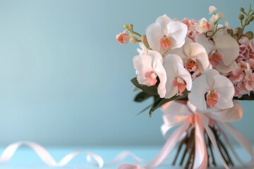 Wall Mural - White Orchid Bouquet on Wedding Background with Ribbon