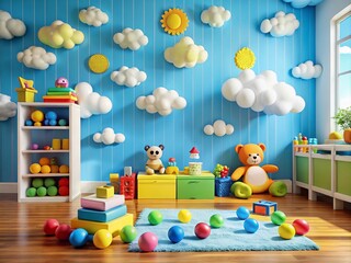 Vibrant, colorful room filled with toys, blocks, and stuffed animals, featuring a cheerful blue wall with white clouds