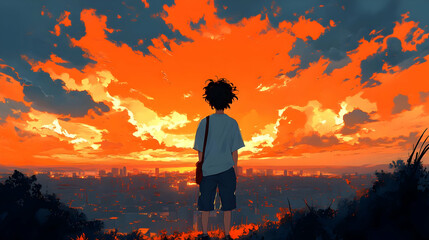 Poster - Silhouette of a Person Looking at the Sunset Over a City