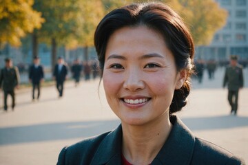 Wall Mural - Close portrait of a smiling 40s North Korean woman looking at the camera, North Korean outdoors blurred background