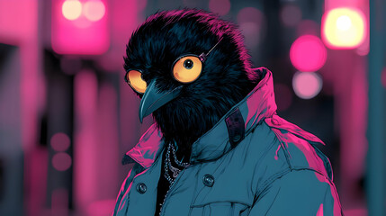 Wall Mural - A Raven with Glasses in the Neon City