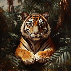 Wall Mural - Peaceful tiger taking a rest in a dense jungle surrounding picture