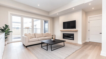 Wall Mural - Modern living room with a cozy sofa, a sleek coffee table, and large windows providing natural light in a contemporary home