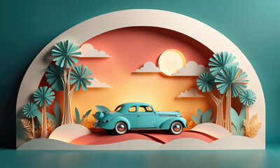 A blue vintage car drives through a paper cut-out landscape, passing palm trees and clouds under a bright sun