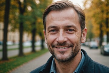 Wall Mural - Close portrait of a smiling 40s Polish man looking at the camera, Polish outdoors blurred background