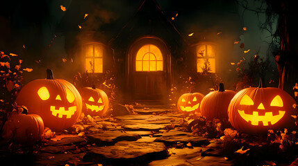 Wall Mural - Jack-o'-Lanterns Illuminate a Mysterious House on a Spooky Halloween Night