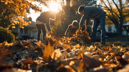 Poster - Three people are raking leaves in a yard