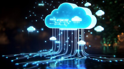 Poster - A 3D rendering of a glowing blue cloud computing symbol with data flowing in and out, representing the concept of cloud storage and data transfer.