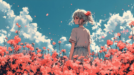 Canvas Print - Girl Gazing at a Field of Flowers on a Sunny Day