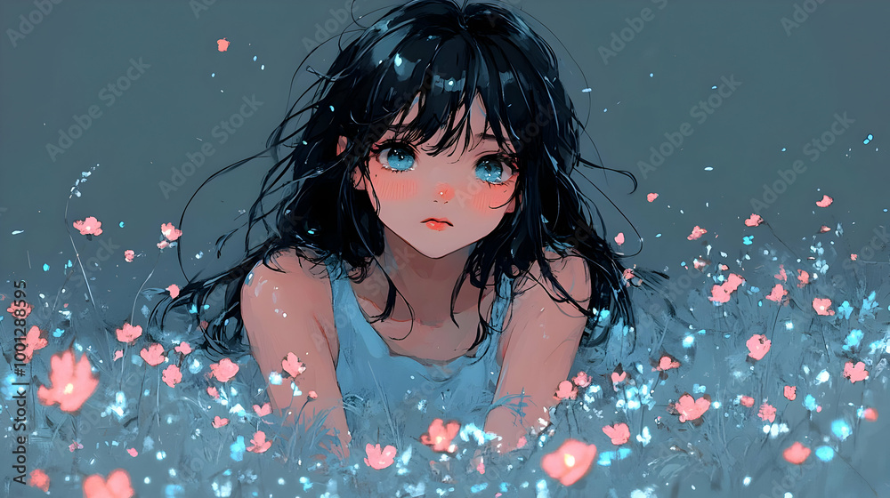 Anime Girl with Blue Eyes Gazing at Flowers in a Field Stock ...