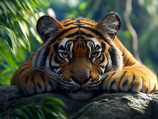 Wall Mural - Tranquil tiger lying peacefully dense jungle wildlife habitat picture