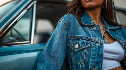 Closeup of a woman wearing a denim jacket, standing next to a vintage car.