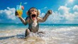 © Amigos.Flipado - A monkey splashing in the ocean with a drink in its mouth.