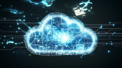 Poster - A glowing blue cloud computing icon with circuit boards and connected lines, set against a dark background with a cloudy sky.