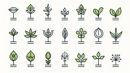 Minimalistic green potted plant icons on a white background for various uses.