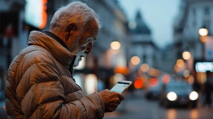 Senior man using smartphone on city street at night.