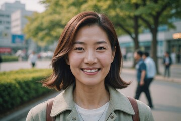 Wall Mural - Close portrait of a smiling 40s South Korean woman looking at the camera, South Korean outdoors blurred background