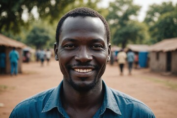 Wall Mural - Close portrait of a smiling 40s South Sudanese man looking at the camera, South Sudanese outdoors blurred background