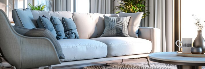 Modern living room with a comfortable white sofa and armchair, wooden floor and a minimalist design.