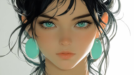 Canvas Print - Digital Art:  Woman with Green Eyes and Turquoise Earrings