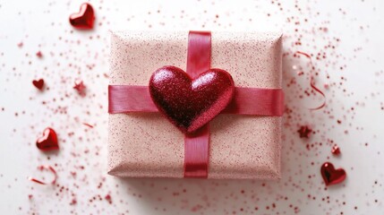 Glittery pink Valentine present with a red ribbon and heart detail, isolated on a white background for a festive, romantic touch.