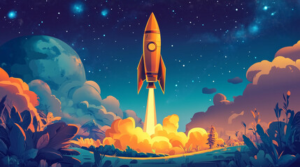 Wall Mural - cartoon rocket go fly up launch. space galaxy adventure travel landscape view. cartoons. illustratio