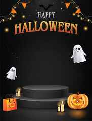 Happy Halloween sale, two overlapping podiums, pumpkin, ghosts, candle, and bat flying, poster flyer design on black background, Eps 10 vector illustration