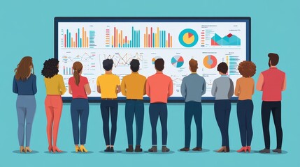 Wall Mural - A group of diverse individuals observes a large screen displaying various colorful data visualizations and graphs.