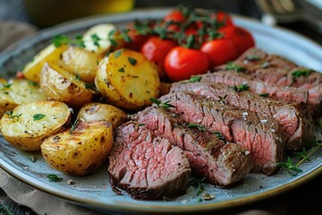 Delicious grilled steak served with roasted potatoes and cherry tomatoes on a dinner plate