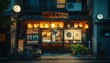 © Alepatika9023 - Japanese Street Food Stall at Night. Traditional Japanese Restaurant. Small Japanese Restaurant Facade. Japanese Lantern Lit Night