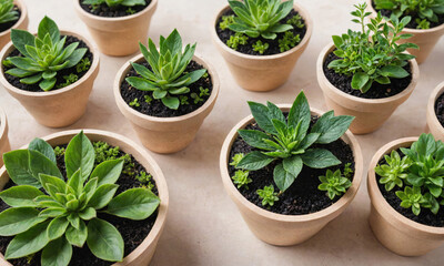 A collection of potted succulents sits on a light brown surface