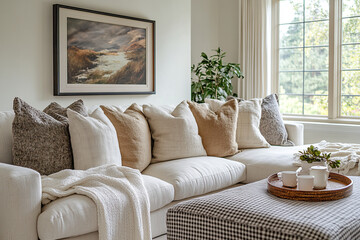 Wall Mural - A modern farmhouse living room with white walls, large windows, and a soft, cream-colored sofa covered in beige pillows. The coffee table is adorned with an elegant ottoman.