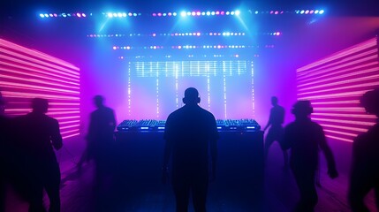 Lively Nightclub Scene with Silhouetted Figures on a Vibrant Stage with Colorful Lighting and Sound