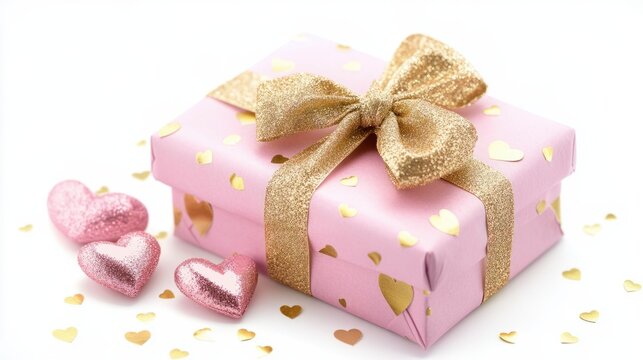 Romantic pink and gold Valentine present with hearts and ribbon, isolated on white background, creating a festive mood.