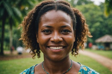 Wall Mural - Close portrait of a smiling 40s Vanuatuan woman looking at the camera, Vanuatuan outdoors blurred background