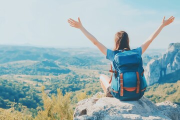 a woman with a backpack sits on a mountain summit, raising her arms in celebration while admiring th