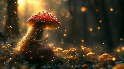 Poster - Fairy Tale Forest: Girl Under Mushroom With Magic Light