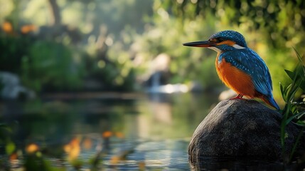 Wall Mural - Kingfisher bird, showing off its beautiful blue and orange feathers, perched by a quiet stream, ready to hunt.