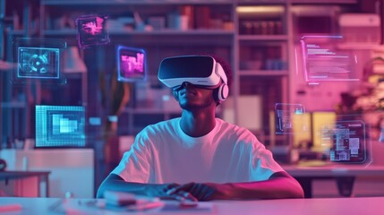 Fototapete - Virtual reality designer engaging in creative work within a modern studio filled with floating 3D objects and a VR headset. Generative AI