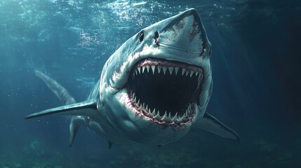 Ocean shark seen from beneath, showcasing its open mouth filled with razor-sharp teeth,