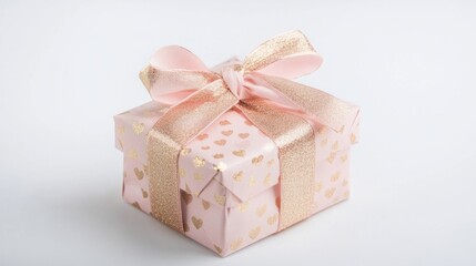 Small Valentine present wrapped in pink and gold paper with a matching bow, isolated on a white background for a romantic look.