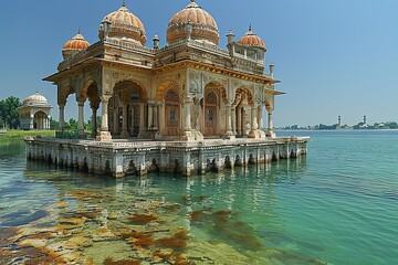 A large building with a lot of domes sits on a body of water