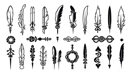 Wall Mural - Elegant collection of feather quill and fountain pen logos on a pristine white backdrop