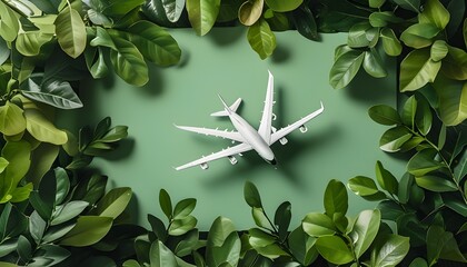 Airplane nestled in vibrant leaves against a green backdrop symbolizing sustainable and zero emissions travel ideals