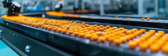 Automated robotic production line for vitamins and medicine tablets Modern pharmaceutical plant indoors, showcasing advanced manufacturing with copy space