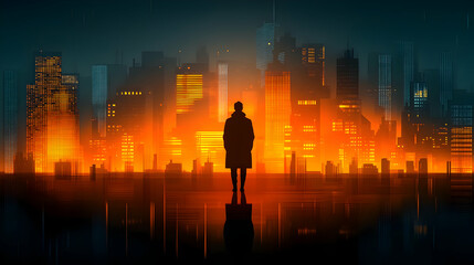 Sticker - Silhouette of a Person Standing in Front of a Cityscape with Orange Lights